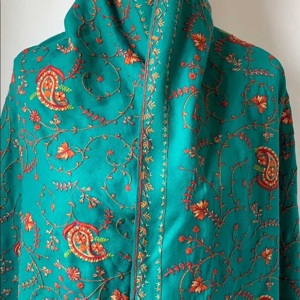 vintage kashmiri shawl hand and machine embroidered India green turquoise